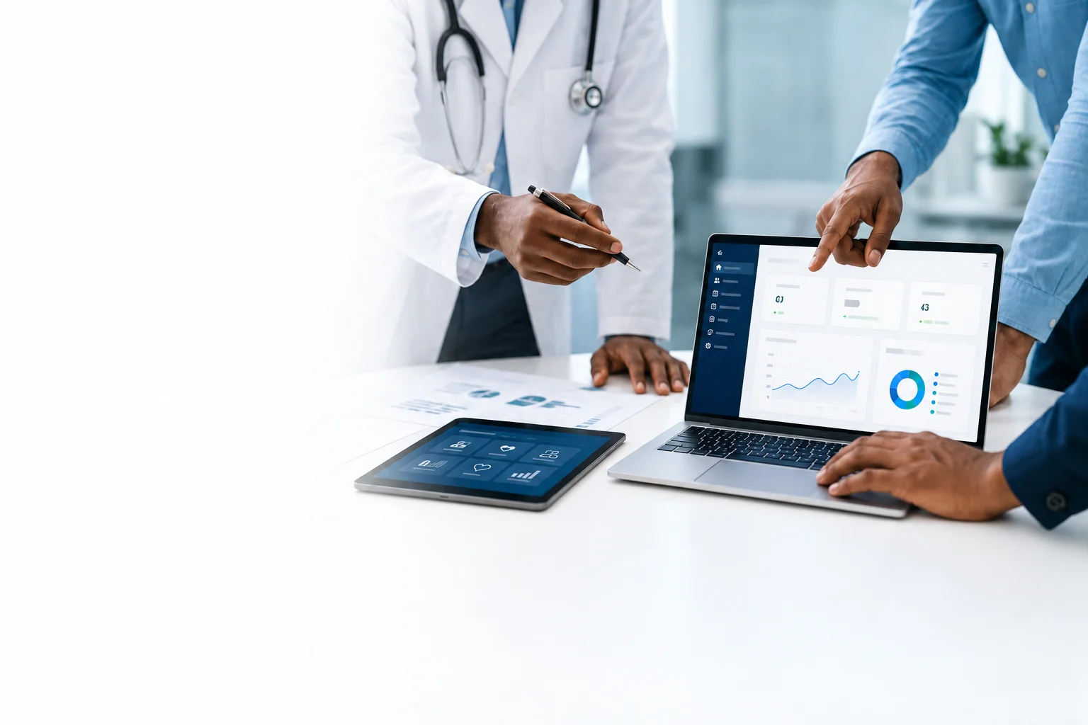 Healthcare professionals working together on digital solutions